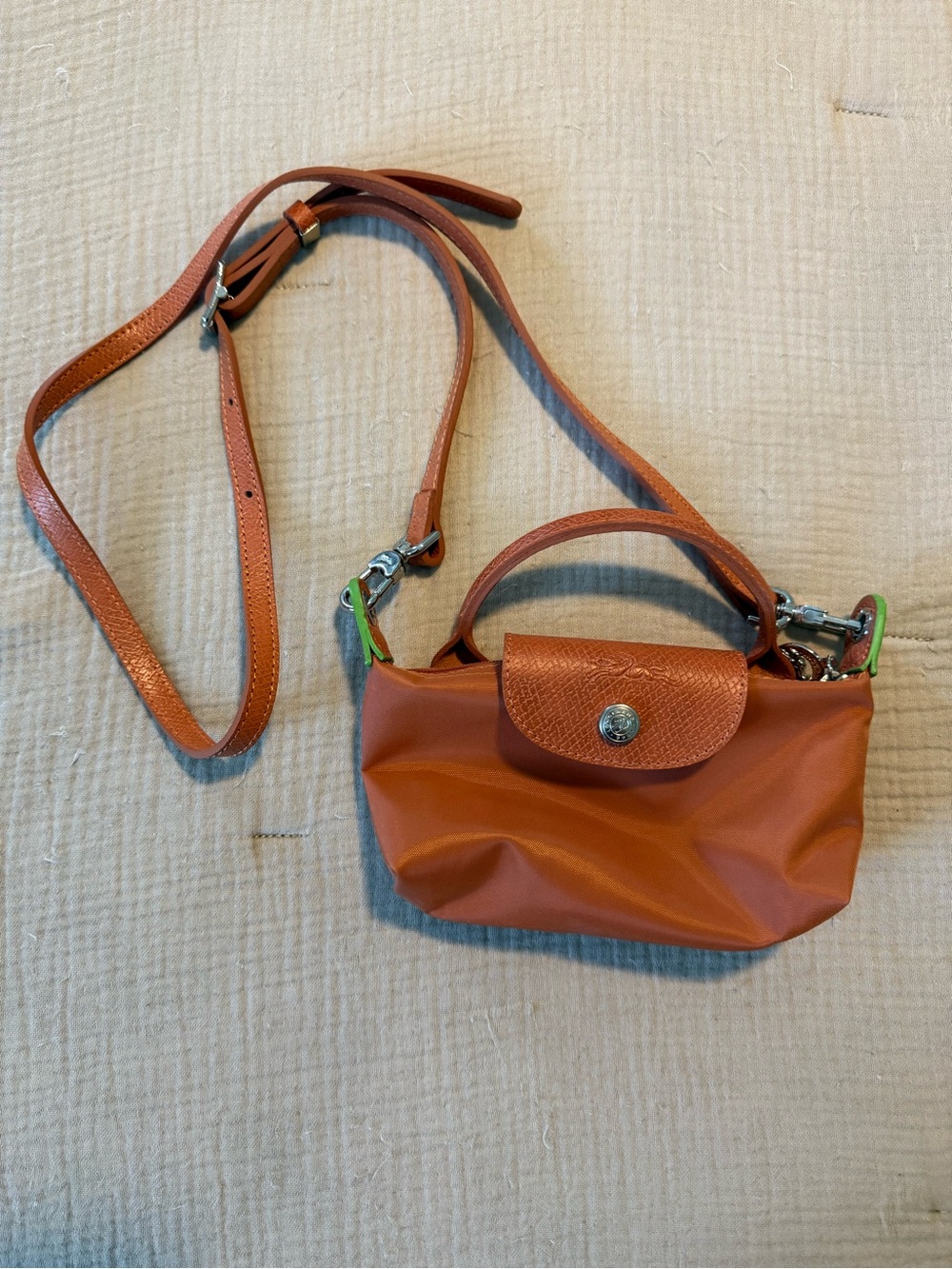 Longchamp Crossbody Bag in Cognac Orange with Green Accents